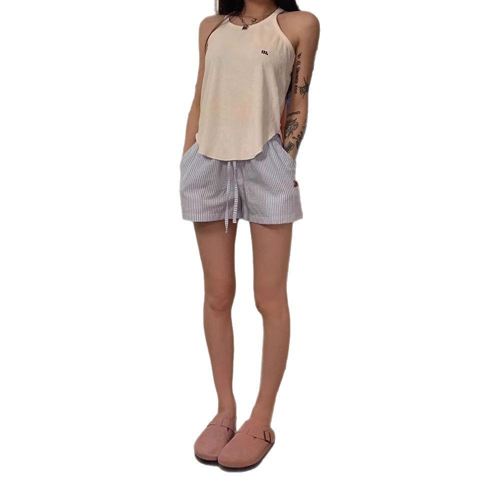Hong Kong Style Striped Embroidered Drawstring Wide-Leg Shorts for Women - Casual, Versatile, and Lightweight