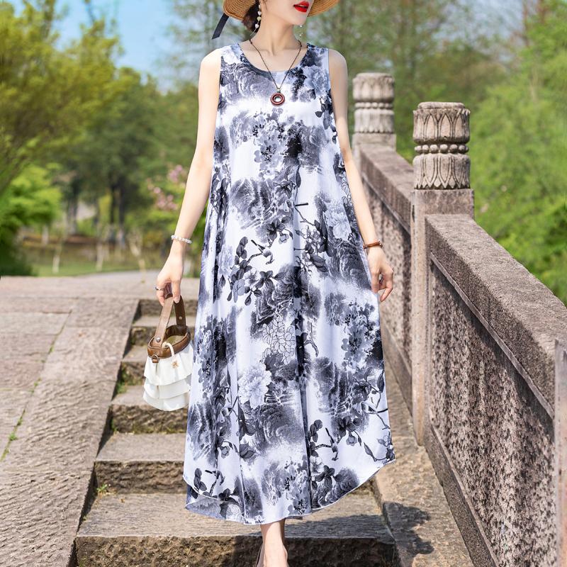 Elegant Sleeveless Dress Summer Fashion Casual Loose Vintage Print Long Dresses for Women Summer Clothes
