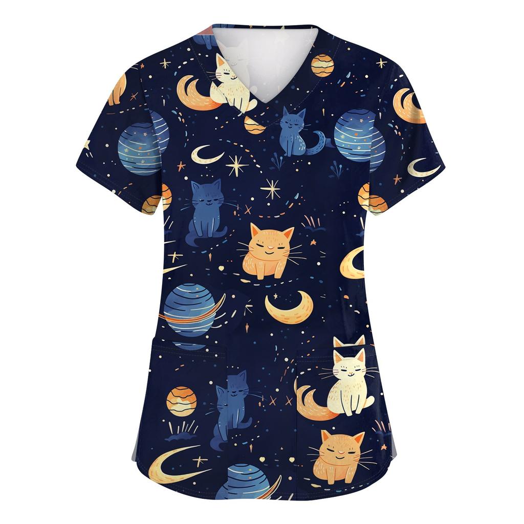 Women's Fashion Short Sleeve Cute Animal Printed V-Neck Pocket Workwear Tops