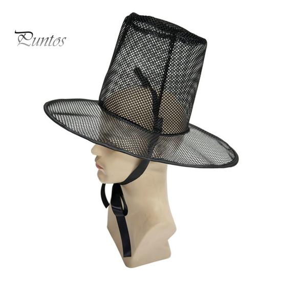 Breathable Costume Hat Vintage Korean Gat Hat, Black Mesh Wide Brim Joseon Dynasty Crisp Fabric Scholar with Neck Strap, Halloween Cosplay Accessory