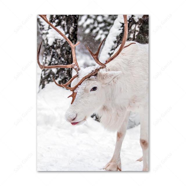 Pictură pe pânză cu peisaj de zăpadă de iarnă Postere și imprimeuri cu reni din lemn de mesteacăn alb Poze de artă de perete pentru camera de zi