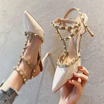 Baotou Sandals Women's Summer New Sexy Black One-word with Stiletto Rivets High Heels Women's Nude Single Shoes