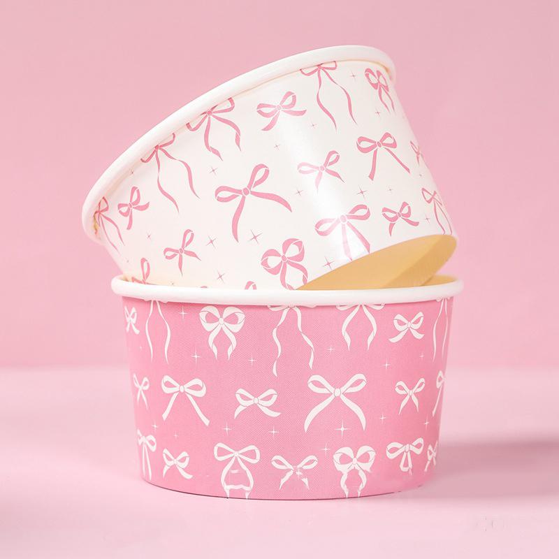 10 Pcs Bow Ribbon Disposable Ice Cream Paper Cups Bowls For Jelly Pudding Mousse Yogurt Container Birthday Party Wedding Kitchen
