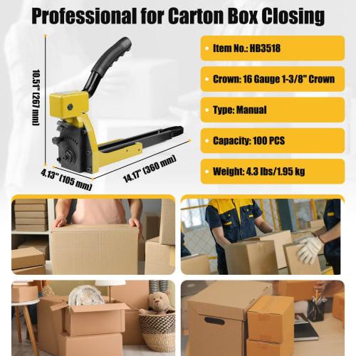 HB3518 Manual Carton Closing Stapler, 16 Gauge 1-3/8 Inch Crown with 3/4 Inch Long Staples, Carton Stapler, Cardboard Carton Staple Gun for Closing Ca