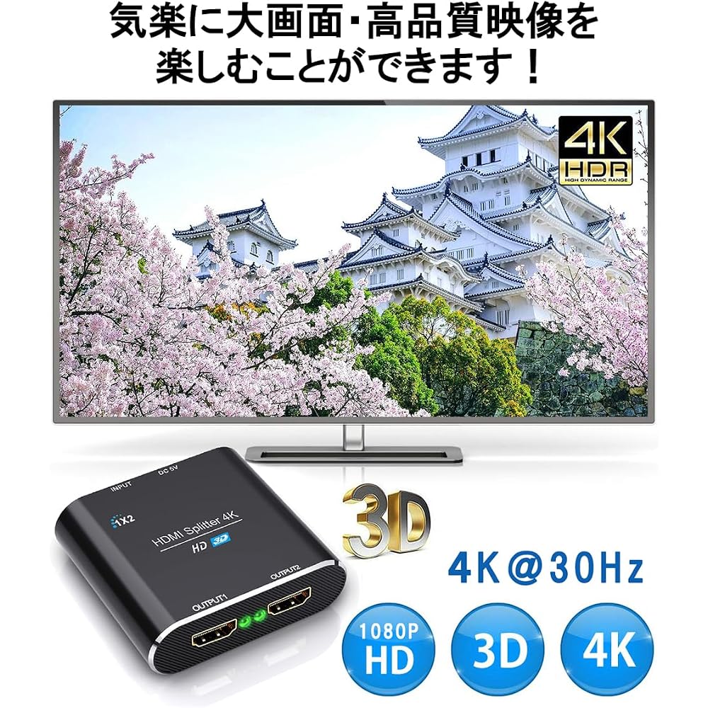 Wise HDMI Splitter, HDMI Splitter, 1 Input, 2 Outputs, Simultaneous Output, HDCP2.2, 4K/3D/1080P ...