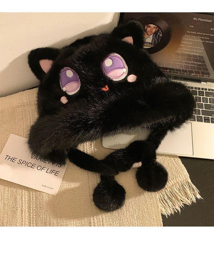 Women's Cute Black Toothless Plush Hat: Fleece-lined, Thick, Warm, Cold-proof, Ear-Protecting Winter Riding Hat.