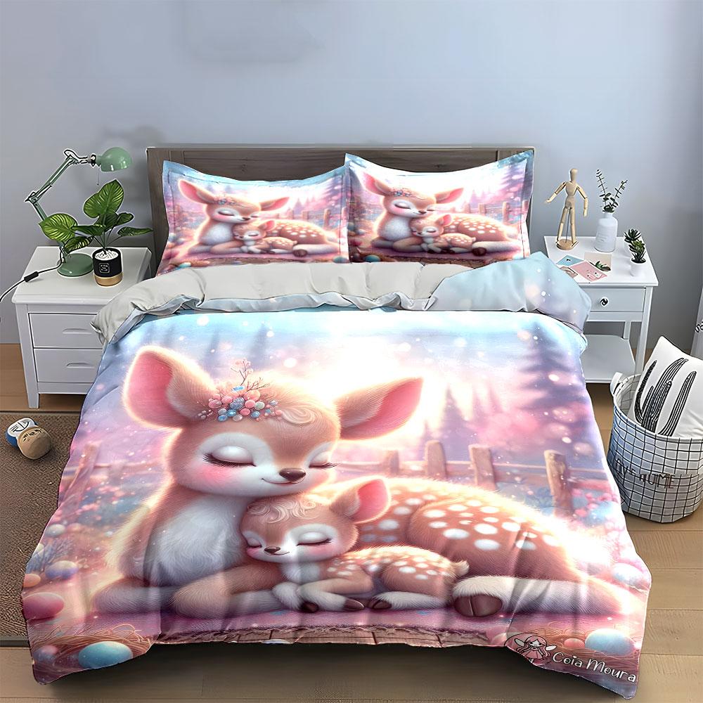 Cozy Deer Family Picnic Scene Exquisite Three-Piece Bedding Set Gift For Kids And Adults