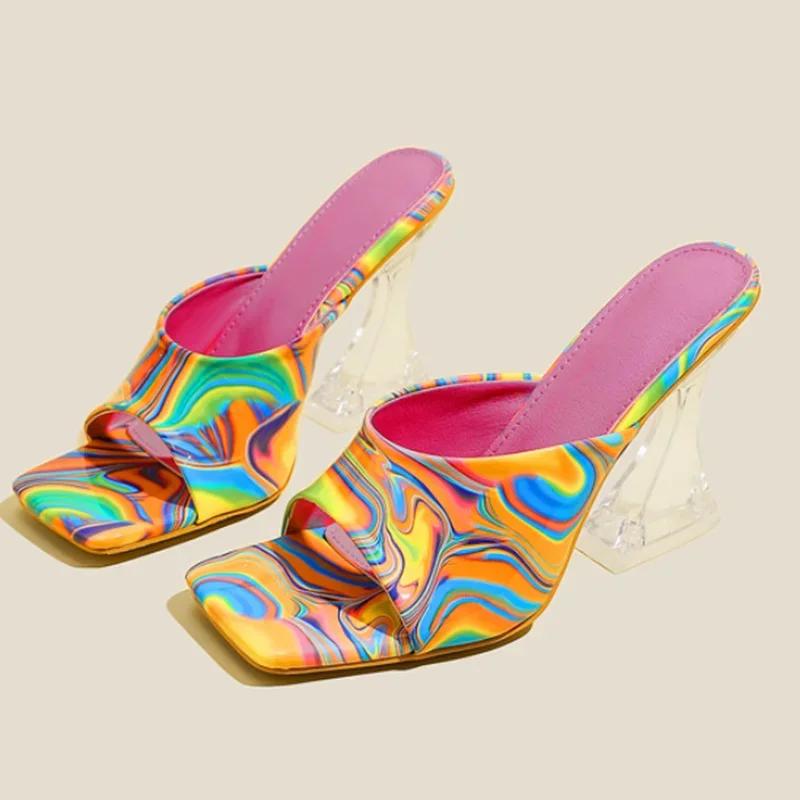 Fashion Colorful Printing Summer High Heels 2025 New Fashion Square Head Crystal High Heel Slippers Women's Sandals Outdoor Casual