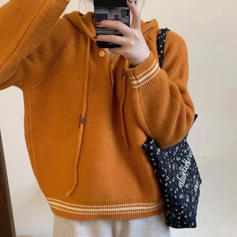 Autumn and winter new casual simple hooded knitted sweater top women's loose lazy simple pullover sweater