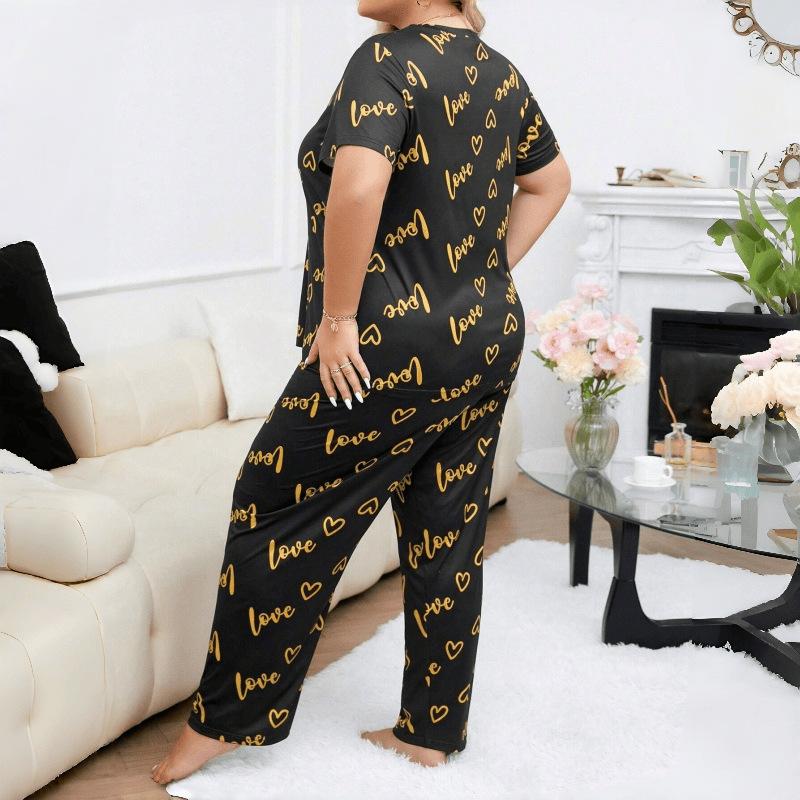 Plus Size 3XL 4XL 5XL Sleepwear Heart Letters Print 2 PCS Pajama Set Women's Casual Short-Sleeve Top and Pants Loungewear