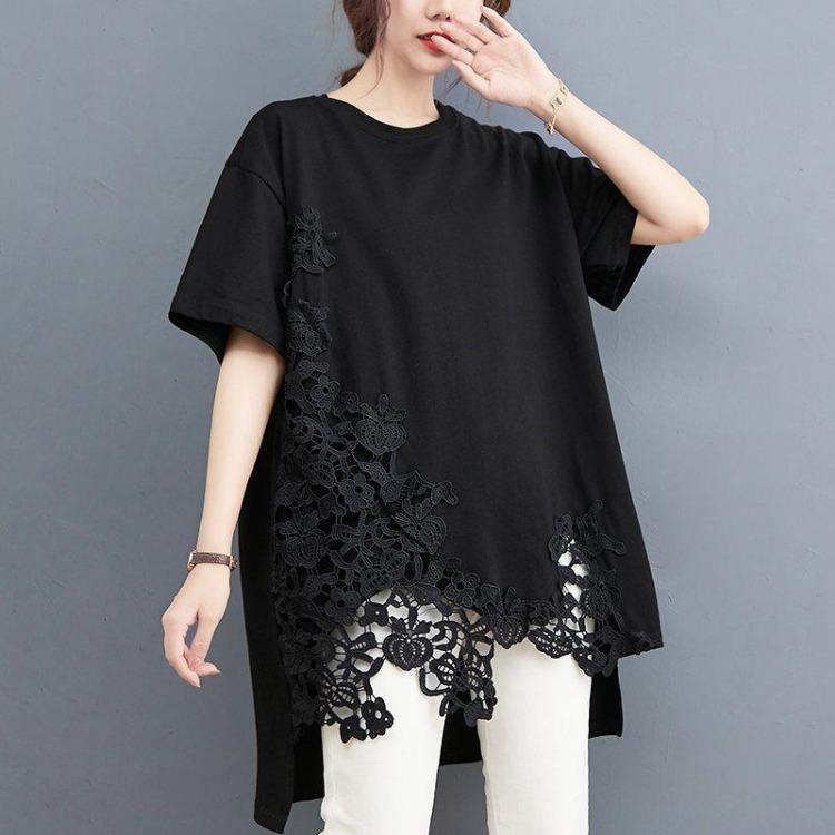 Oversize Black Tunic Shirt Summer Cotton Lace Tops Plus Size Women Tee Casual Loose Tshirt Fashion Lady Clothing