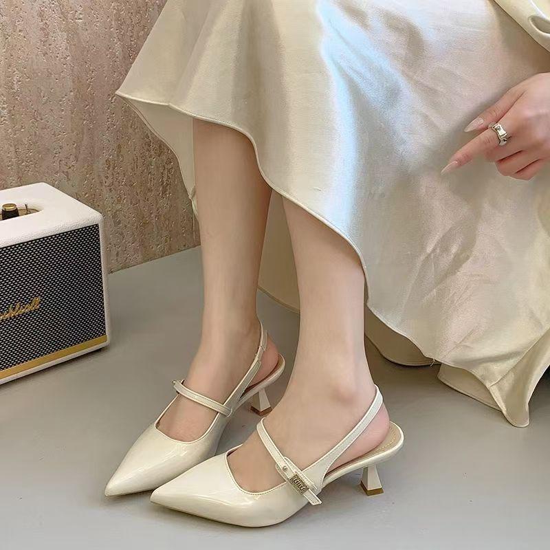 

Французские туфли с острым носком и низким каблуком, знаменитые туфли-лодочки с открытой пяткой, летняя новинка 2025, модные и универсальные фееричные кожаные туфли 35