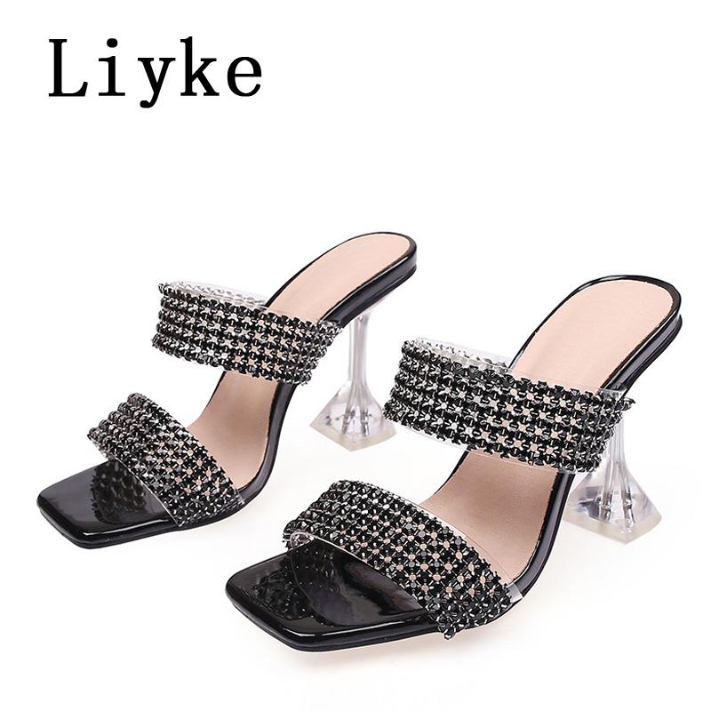 

Модные Liyke Новый Бренд 9СМ Странный Высокий Каблук Женские Шлепанцы Модные Прозрачные ПВХ Стразы Сандалии Летняя Вечеринка Выпускной Обувь Женская 34 чёрный