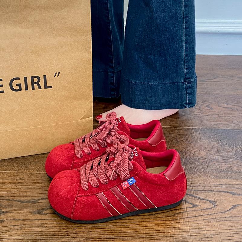 European Matte Red Big Head Lace-up Bread Shoes Casual Board Shoes Thin German Training Shoes Flat Shoes Sports Shoes Women's Shoes