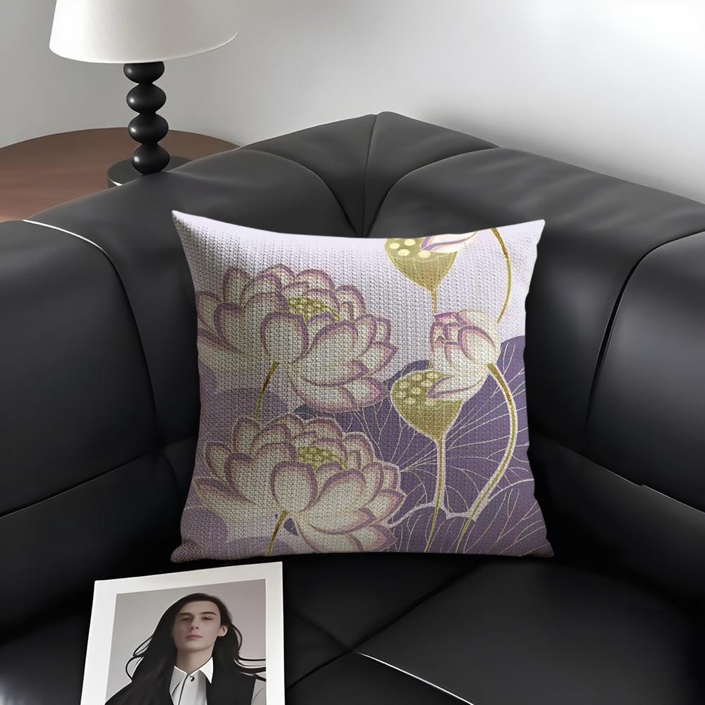 Lotus Luxury Cushion Cover Natural Linen Organic Fabric DoubleSided Printing Sofa Home Decor Gift Pillow Case
