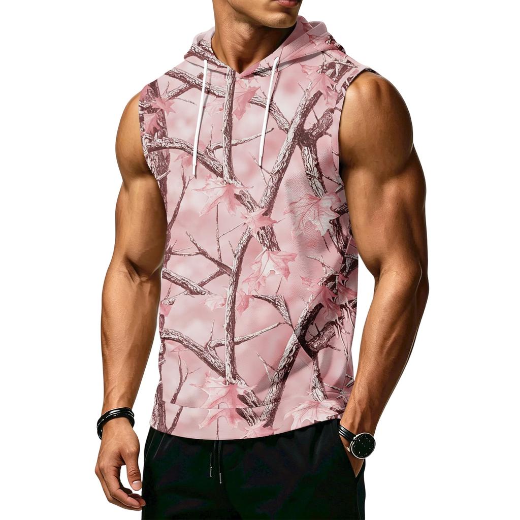 Men's Print Sleeveless Hoodie with Pockets and Drawstring - Casual Tank Top Vest for Outdoor Sports