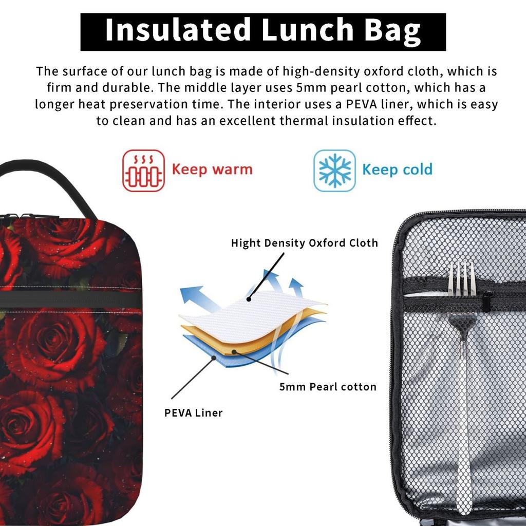 Red Rose Floral Design Insulated Lunch Bag for Women Kids Leakproof Food Boxes Thermal Lunch Box Tote