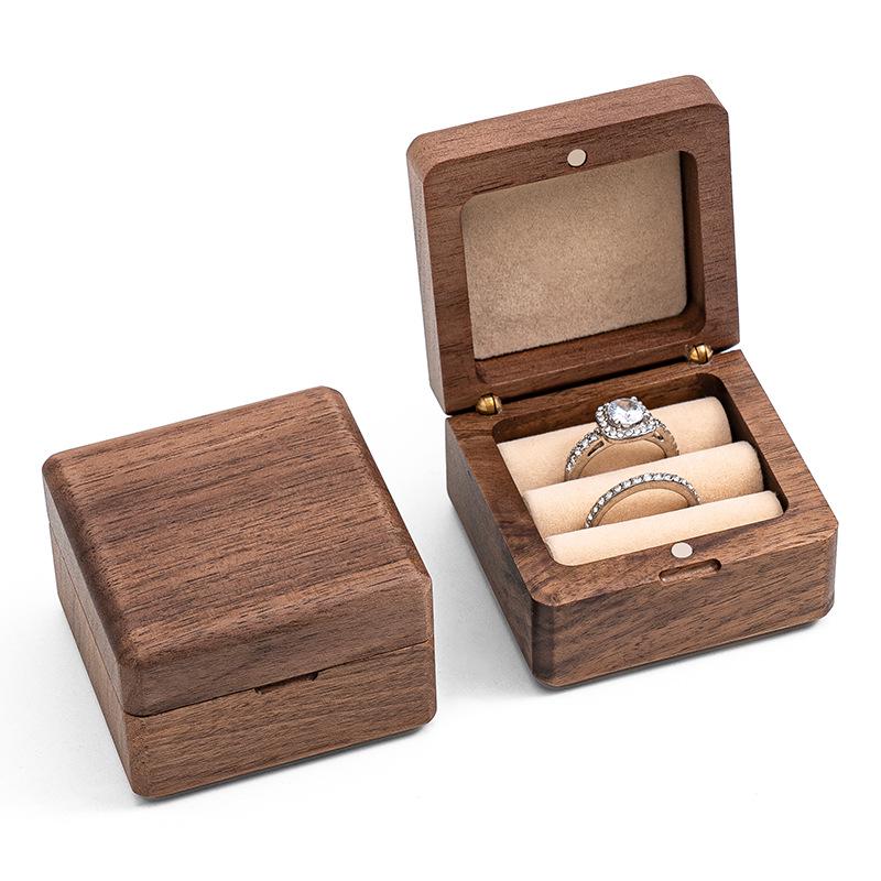 In-Stock Walnut Wood Double Engagement Ring Box - Solid Mini Jewelry Box with Engraved Pattern