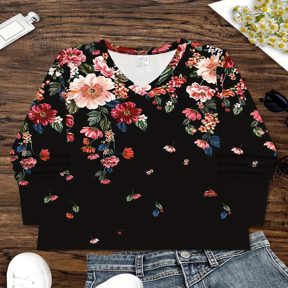 Fashion Elegant Abstract Floral Painting V-Neck Long Sleeve T-Shirt, Casual Stylish Long Sleeve Shirt, Women'S Outerwear Top