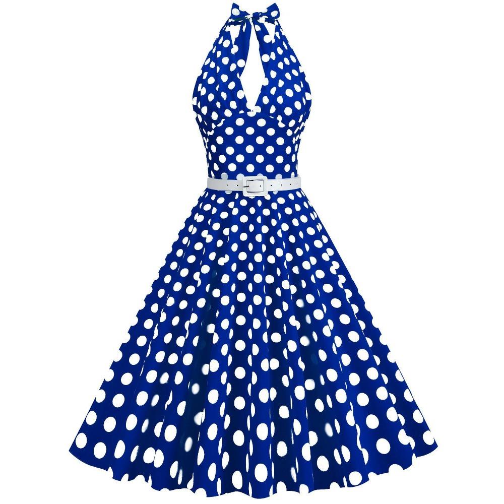 Women's Halter Sleeveless Midi Dress Regular Fit Mid Waist Vintage Polka Dot A Line Swing Dress With Matching Belt