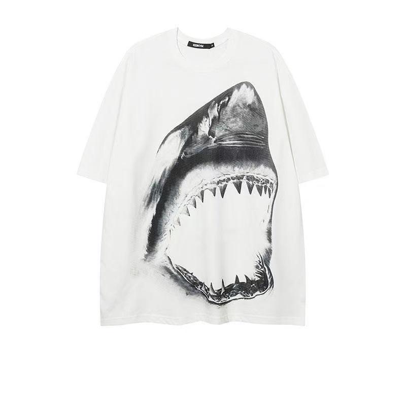 

New black shark print T-shirt for summer and autumn 2025 casual and sporty short-sleeved men s and women s streetwear 4XL