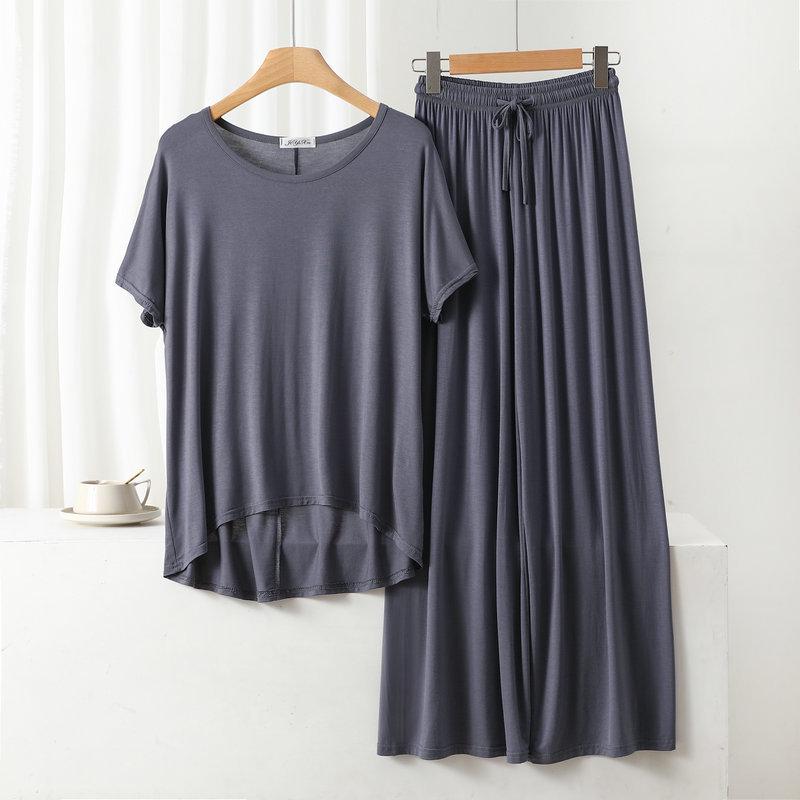 Damen Übergröße Freizeit-Pyjama-Set: Modal Rundhals Kurzarm Oberteil & Weitbeinige Hose