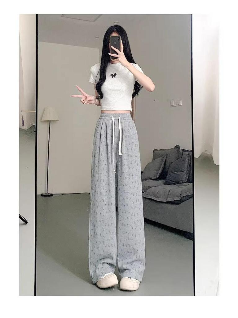 Trendy Floral Wide-Leg Pants for Women: Versatile, Loose Casual Fit for Spring & Autumn, Korean Style for Petite Female Students
