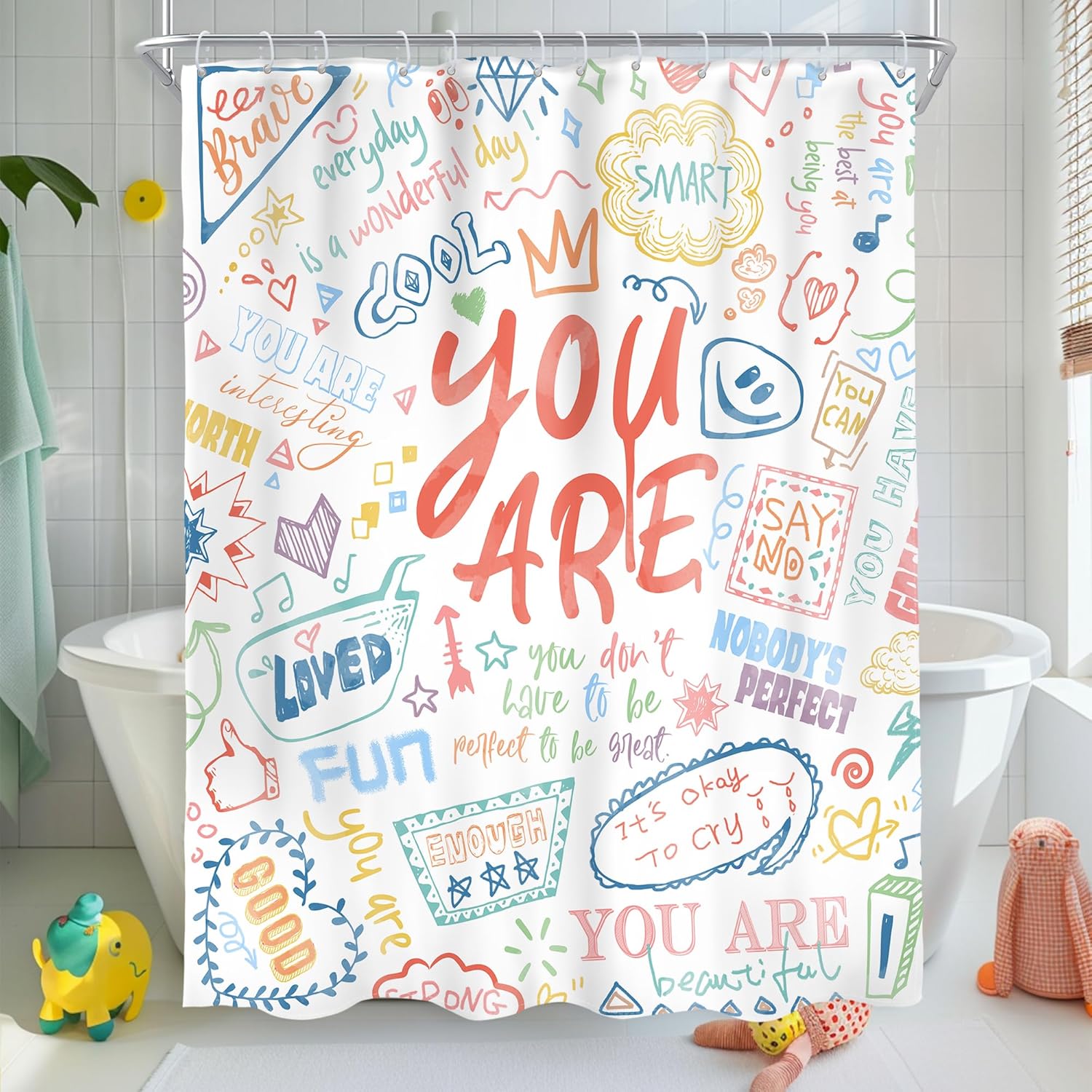 

Kids Positive Quotes Shower Curtain Pink Neon Cute Funny Abstract Graffiti Girls Girly Teens You Are Artwork Cloth Waterproof W60H190(CM)-1 Pcs
