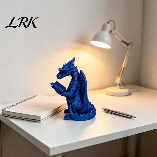 Reading Room Decorations 3D Printed Dragon Figurine, Cute Statue with Glasses Creative Desk Accessories Book, Fantasy Desktop Bookshelf Decor,