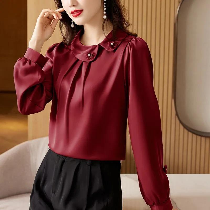 Noble Women's New Autumn Pullover POLO Collar Fashionable Solid Color Long-sleeved Satin Shirt Top