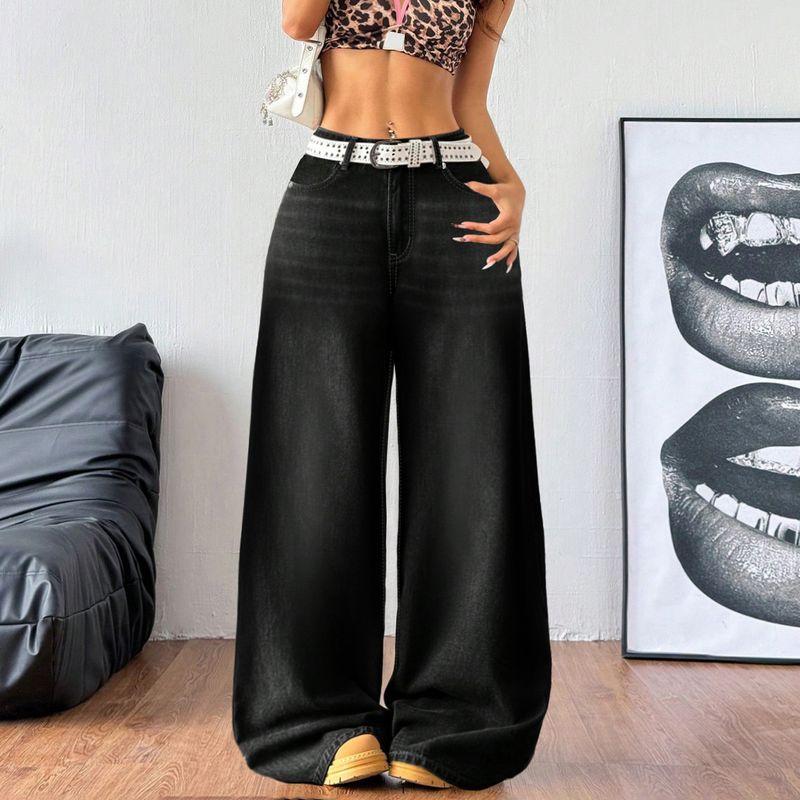 

American Style Gyaru Style Wide Leg Denim Washed Jeans Retro Niche High Waist Loose Drape Mopping Casual Pants Black XXL