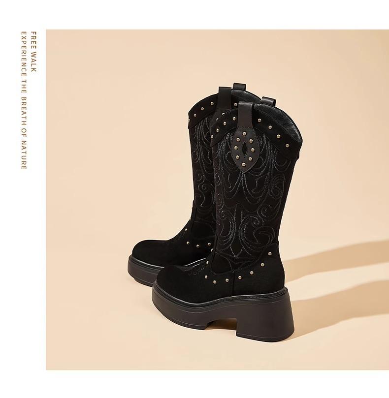 

Ретро женские ботинки с острым носком на толстом каблуке, ботфорты, рыцарские ботинки, осень 2025, новые вышитые полусапоги, ковбойские ботинки в западном стиле 40 чёрный