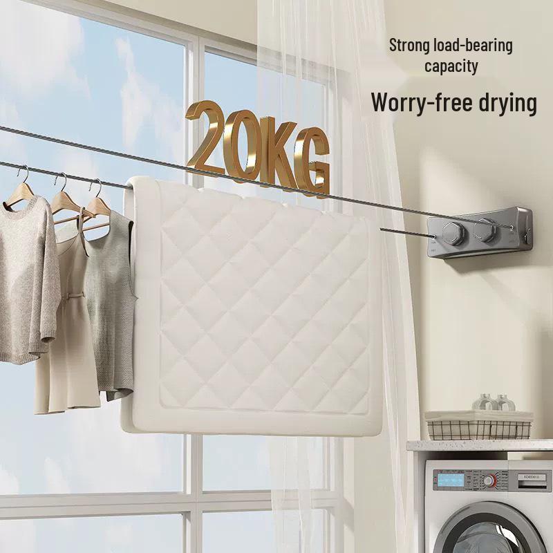 Einziehbare Wäscheleine für den Innenbereich - Stanzfreier Wäscheständer aus Stahldraht für Balkon & Badezimmer