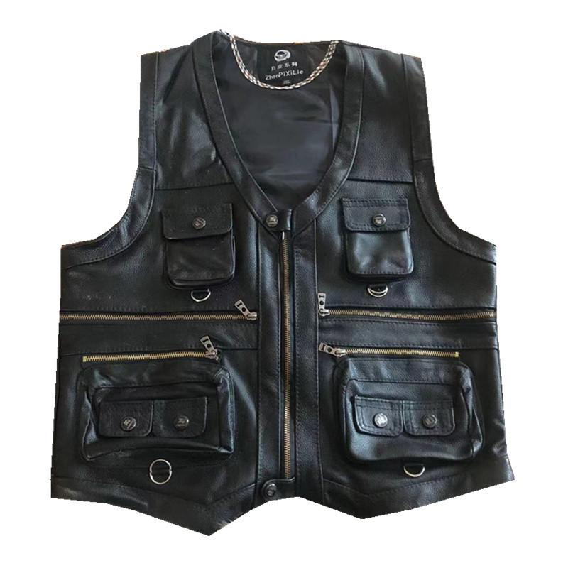 Cowhide Genuine Leather Vest Men Brown Waistcoat Male Sleeveless Jacket Thick Motorcycle  Vest Multi Pocket Zipper