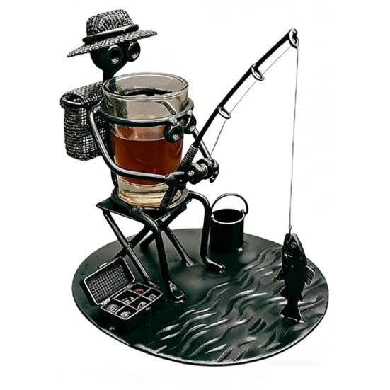 

Fishing Man Wine Glass Holder Handcrafted Metal Fishermen Sculpture with Built-in Shot Glass Holder Funny Drink Holder for Office Desk Decor чёрный