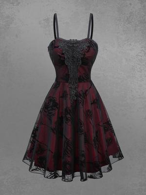 Rosegal Gothic Rose Flower Mesh Flocking Applique Layered A Line Dress(Adjustable Shoulder Strap)