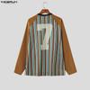 INCERUN Oversized Men V Neck Long Sleeve Striped Print Casual Loose T-shirts Tops