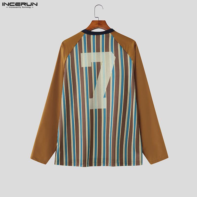 INCERUN Oversized Men V Neck Long Sleeve Striped Print Casual Loose T-shirts Tops