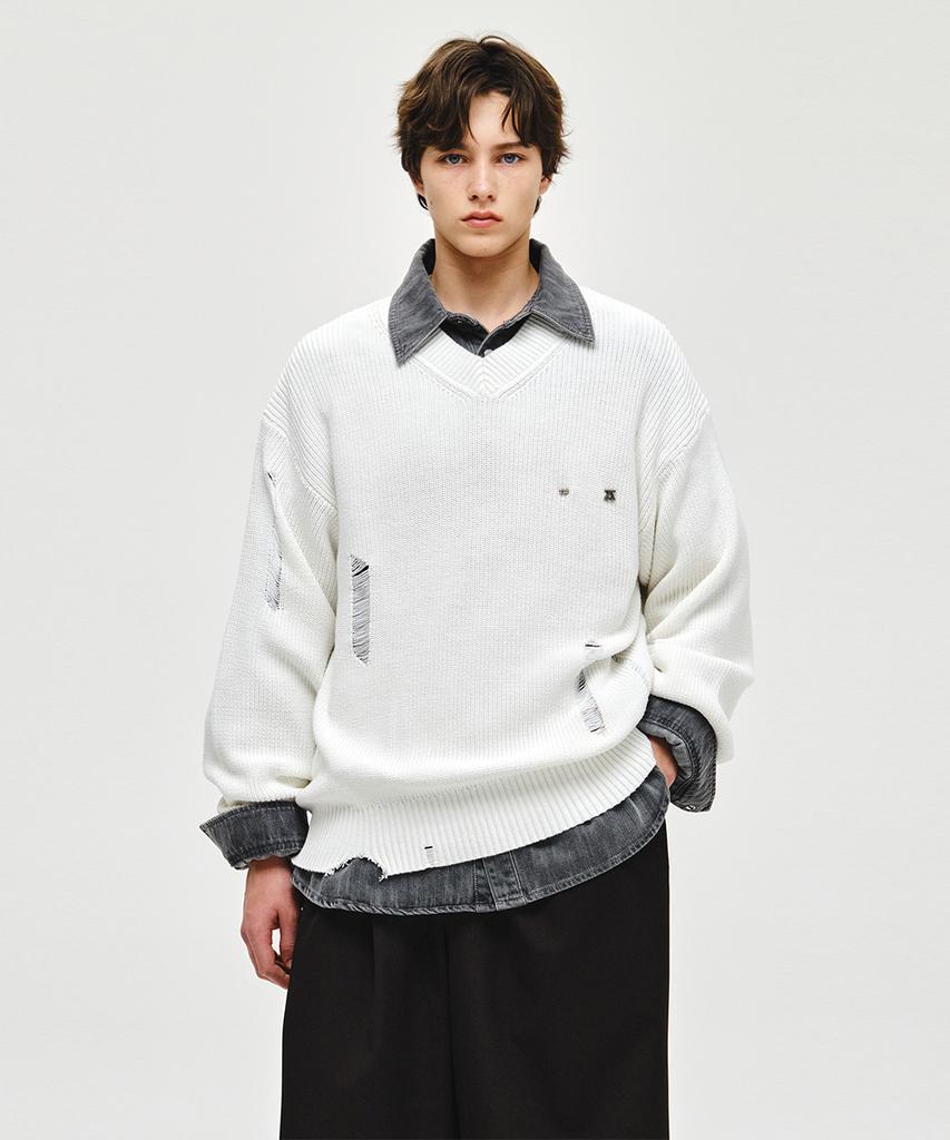 ZIOSONGZIO Distressed V-Neck Knit Off-White Zi2Kt212Ow