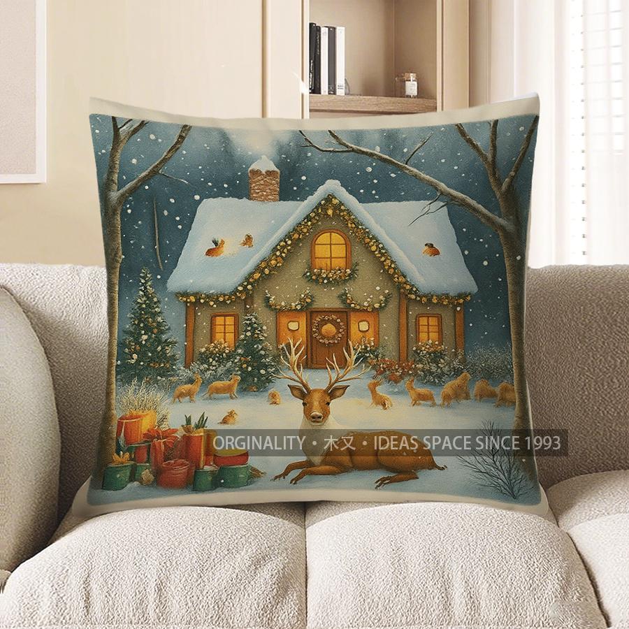 Home Decor Christmas Cottage And Snowman Throw Pillow Pattern Cushion Cover Suitable For Sofa Bedroom Car Pillow Cover