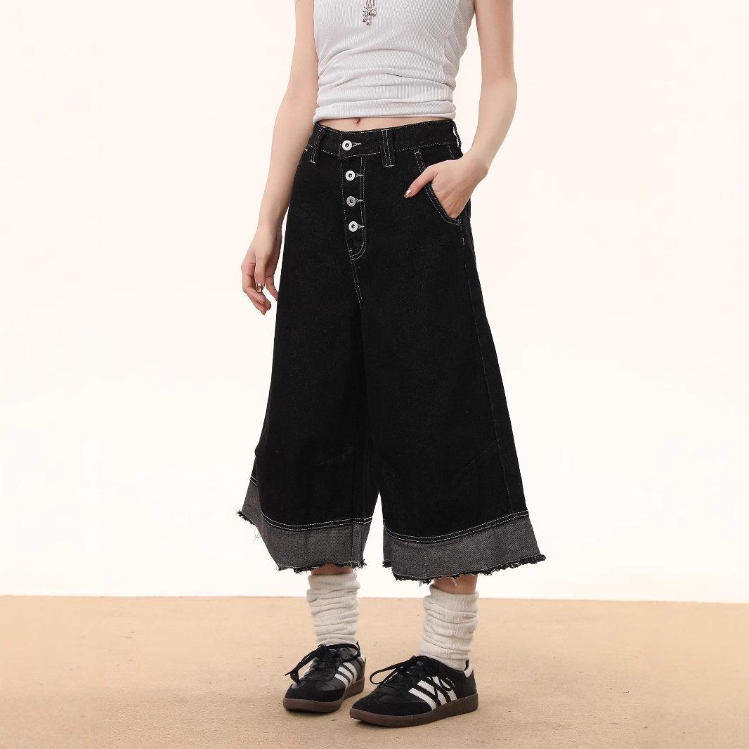 

New American Retro Distressed Denim Cropped Wide-Leg Shorts, 2025 4XL: 165-175 jin