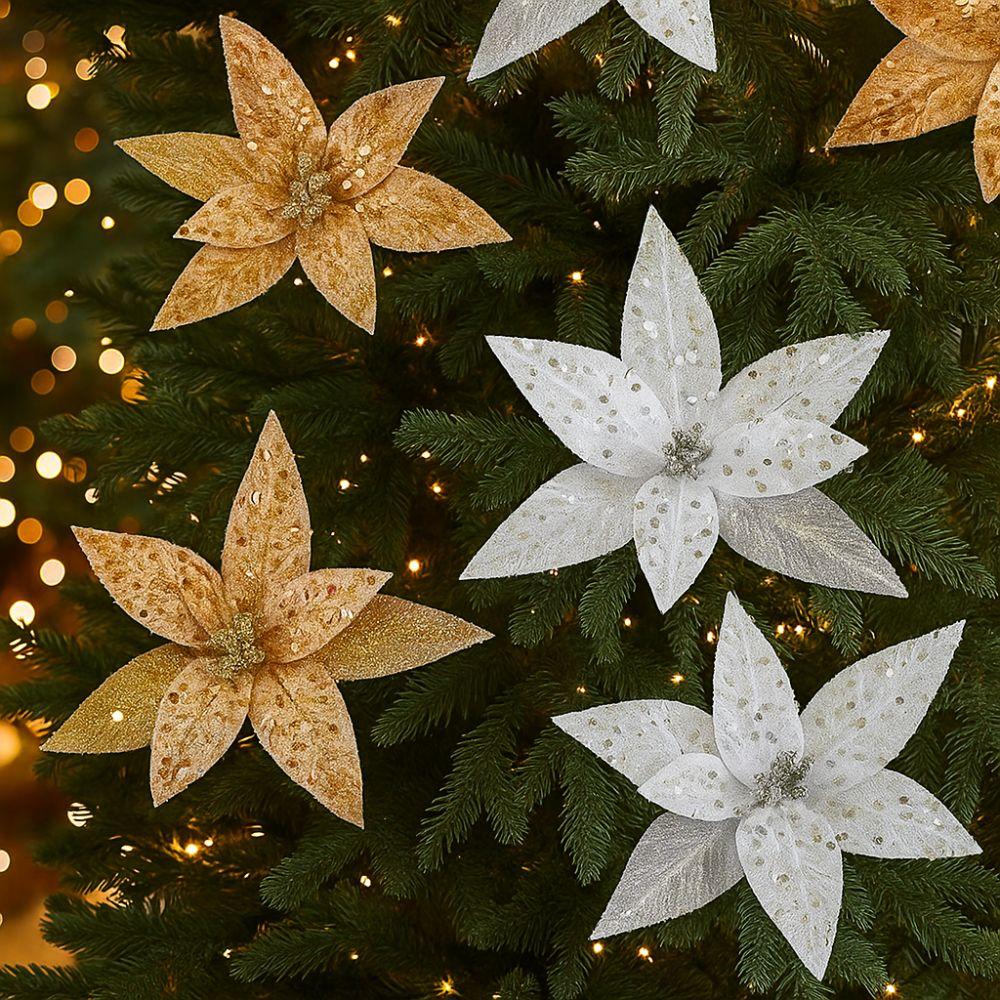 25cm Simulation Glitter Flower Realistic Xmas Tree Ornaments Poinsettia Flower New Year Decor