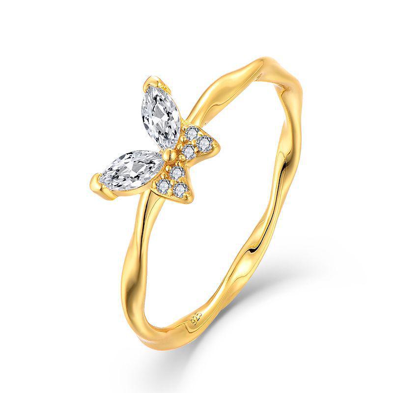 Fashionable Zircon Butterfly Ring: Light Luxury, Personalized S925 Sterling Silver, 14K Gold-Plated. US Size 8
