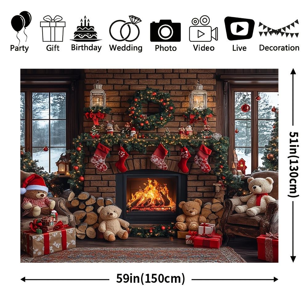 Christmas Fireplace Tapestry, Cozy Stockings and Teddy Bear Scene for Indoor Holiday Party Decor and Festive Home Background