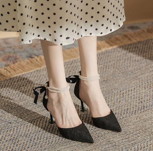 Fashionable high-heeled women s  summer new pearl open-back evening dress stiletto style fairy-tale elegant single shoes 36