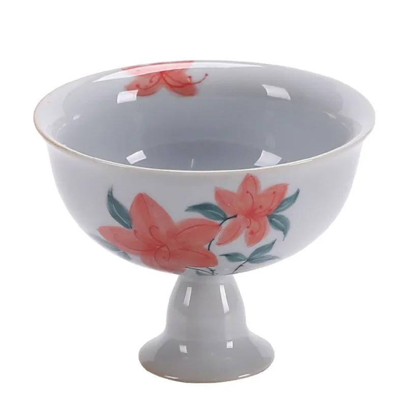 Porcelain Hand Painted Yingchun Cup Antique Porcelain Gray Glaze Teacup High Leg Wide Mouth Tea Cup Kung Fu Single Bowl
