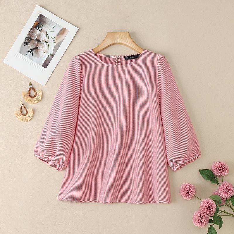 

ZANZEA Женская повседневная блузка с круглым вырезом, свободного кроя, с рукавами 3/4 и полосатым принтом 5XL красный