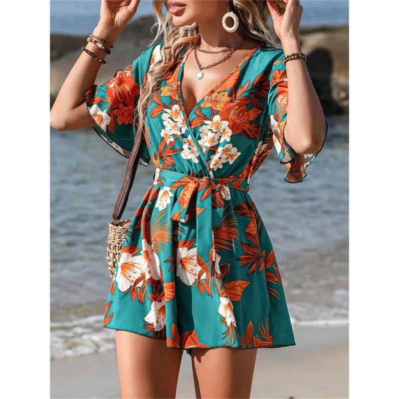 Summer Women Jumpsuit Ladies Clothes Ruffle Sleeve Belt Short Pantskirt Jumpsuit Women