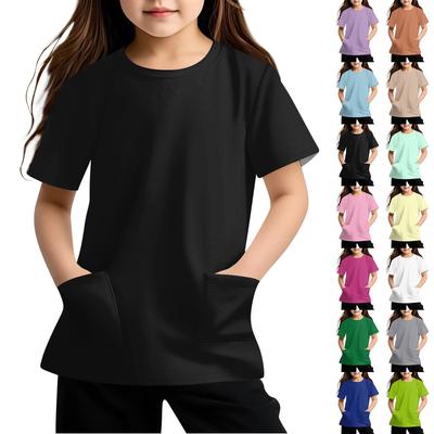 Children's Short Sleeve Pocket Tops Casual  Print T Shirt Round Neck Pullover Blouse