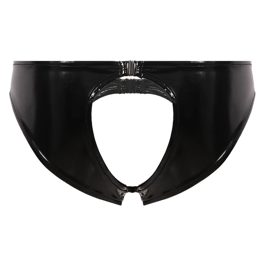 Womens Lingerie Crotchless Thongs Underwear Wet Look Patent Leather Low Waist Sexy Open Butt Briefs Panties Cutout Underpants